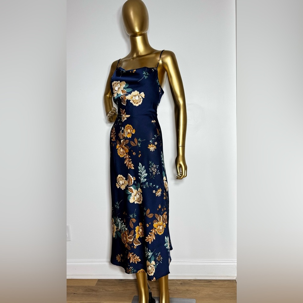 HELLO MOLLY Floral Satin Spaghetti Straps Midi Dress Navy Side Slit Balletcore 6